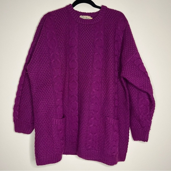 VTG L.L. BEAN 100% Wool Chunky Fuschia Magenta Cable Knit Fisherman Sweater - Picture 1 of 7